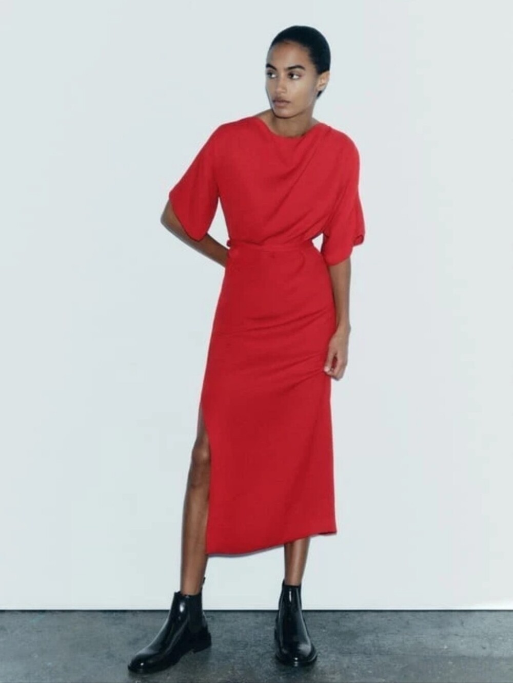 ZARA Red Belted Midi Dress Textured Short Sleeve Side Slit Size XS